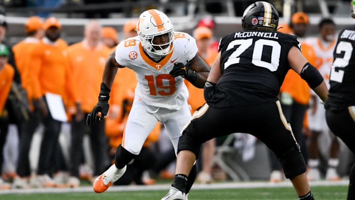 Nov 30, 2024; Nashville, Tennessee, USA;  Tennessee Volunteers defensive lineman Joshua Josephs (19) rushes the passer against the Vanderbilt Commodores during the second half at FirstBank Stadium. Mandatory Credit: Steve Roberts-Imagn Images