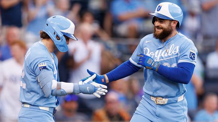 Aug 22, 2026; Kansas City, Missouri, USA;  Kansas City Royals center fielder Kyle Isbel (28) celebrates with catcher Carter Jensen (22) after hitting a home run during the third inning against the Detroit Tigers at Kauffman Stadium.  Mandatory Credit: William Purnell-Imagn Images