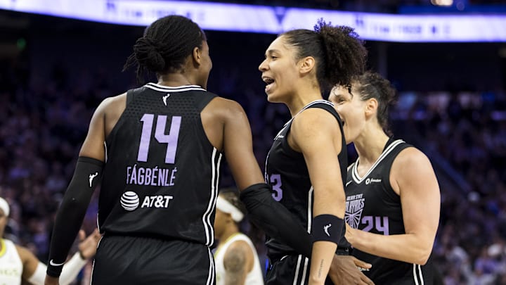 Jul 25, 2025; San Francisco, California, USA;  Golden State Valkyries center Temi Fagbenle (14) reacts with forward Janelle Salaun (13) after scoring against the Dallas Wings during the fourth quarter at Chase Center. Mandatory Credit: John Hefti-Imagn Images