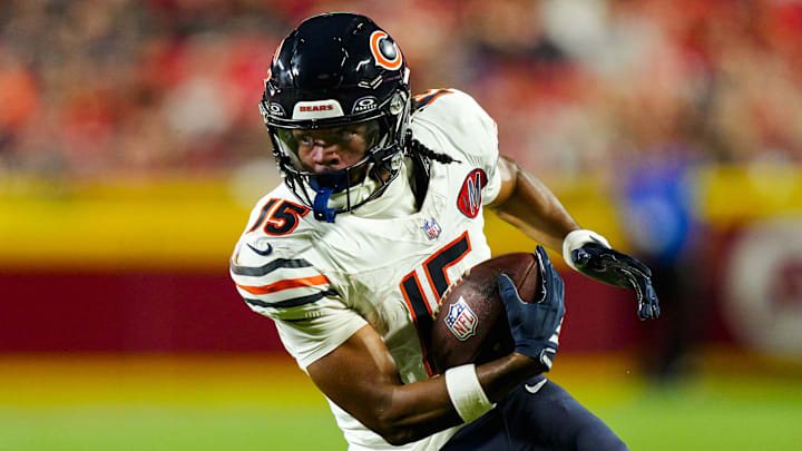 Aug 22, 2025; Kansas City, Missouri, USA; Chicago Bears wide receiver Rome Odunze (15) runs with the ball during the first half against the Kansas City Chiefs at GEHA Field at Arrowhead Stadium. Mandatory Credit: Jay Biggerstaff-Imagn Images