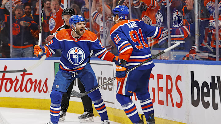 The Edmonton Oilers celebrate a goal scored by forward Evander Kane