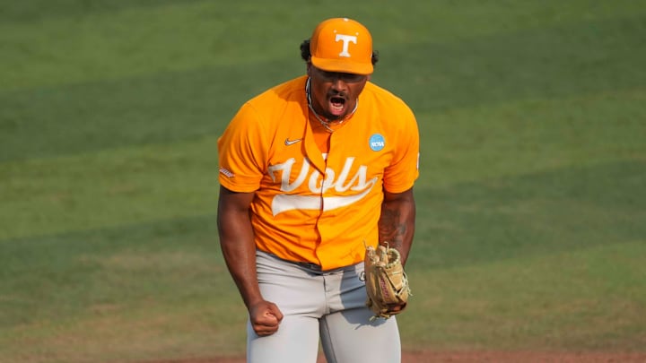 Tennessee pitcher Marcus Phillips (23) yells in celebration after striking out a batter during a NCAA regional baseball game between the Tennessee Volunteers and Cincinnati Bearcats at Lindsey Nelson Stadium in Knoxville, Tenn., on May 31, 2025.