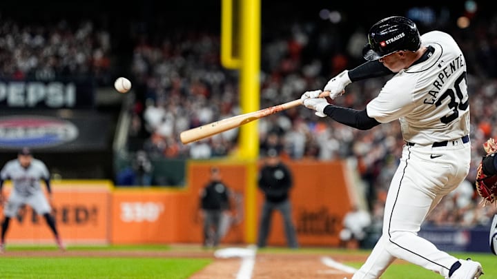 Detroit Tigers designated hitter Kerry Carpenter (30) bats against Cleveland Guardians during the sixth inning at Game 4 of ALDS at Comerica Park in Detroit on Thursday, Oct. 10, 2024.
