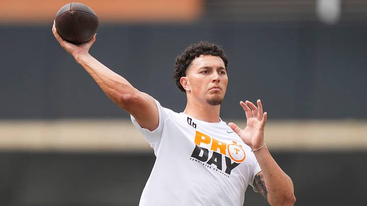 Joey Aguilar throws the ball during Tennessee Football Pro Day 2026, at University of Tennessee on March 31, 2026.