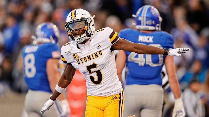 Oct 14, 2023; Colorado Springs, Colorado, USA; Wyoming Cowboys wide receiver Ayir Asante (5) reacts Oct 14, 2023; Colorado Springs, Colorado, USA; Wyoming Cowboys wide receiver Ayir Asante (5) reacts