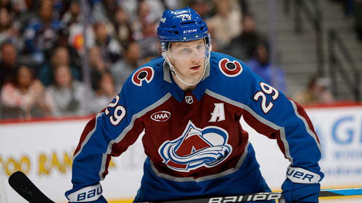 Dec 11, 2025; Denver, Colorado, USA; Colorado Avalanche center Nathan MacKinnon (29) in the first period against the Florida Panthers at Ball Arena. Mandatory Credit: Isaiah J. Downing-Imagn Images