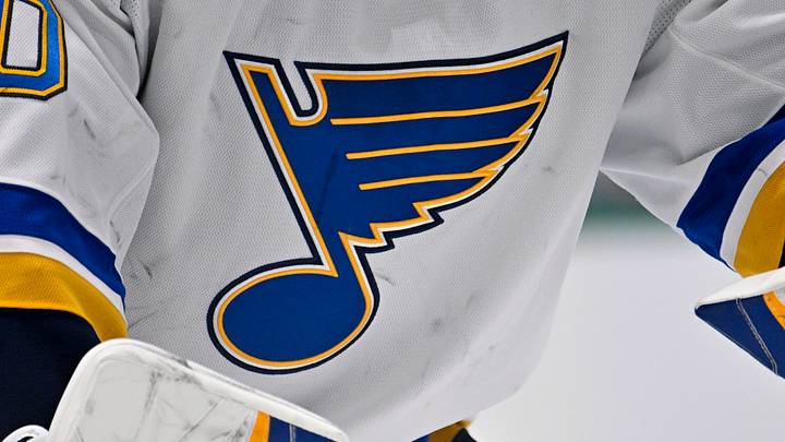Dec 14, 2024; Dallas, Texas, USA; A view of the Blues logo on the jersey of St. Louis Blues goaltender Jordan Binnington (50) during the game between the Dallas Stars and the St. Louis Blues at American Airlines Center. Mandatory Credit: Jerome Miron-Imagn Images Dec 14, 2024; Dallas, Texas, USA; A view of the Blues logo on the jersey of St. Louis Blues goaltender Jordan Binnington (50) during the game between the Dallas Stars and the St. Louis Blues at American Airlines Center. Mandatory Credit: Jerome Miron-Imagn Images