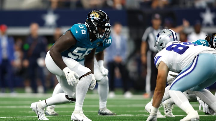 Aug 12, 2023; Arlington, Texas, USA;  Jacksonville Jaguars linebacker Yasir Abdullah (56) on the