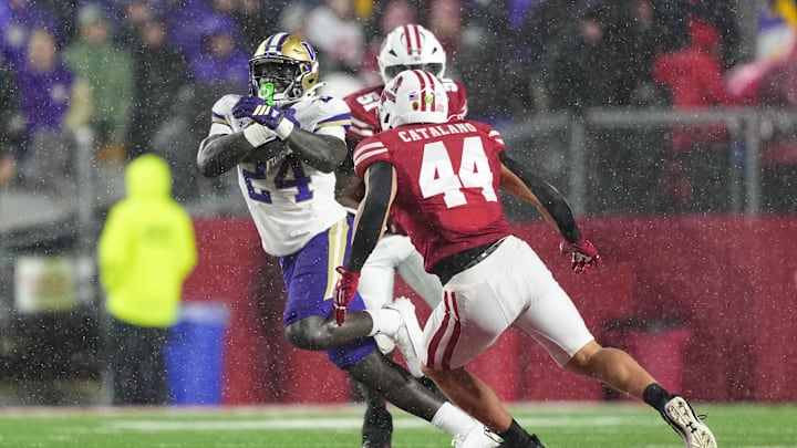 Nov 8, 2025; Madison, Wisconsin, USA; Wisconsin Badgers linebacker Cooper Catalano (44) has been one of the top freshmen linebackers in the country this season.