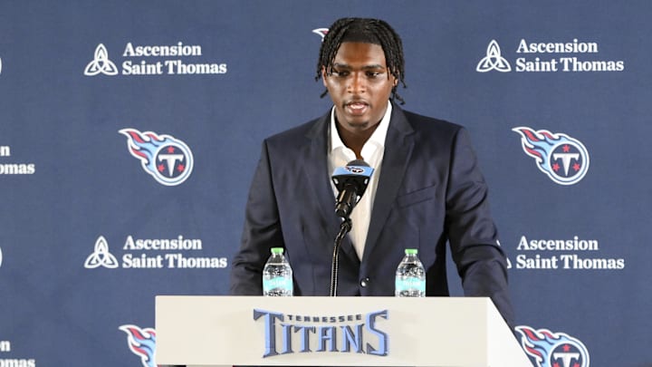 Apr 25, 2025; Nashville, TN, USA;  Tennessee Titans first round draft pick Cameron Ward speaks to the media at a press conference. Cam Ward was the number one overall pick in the 2025 NFL Draft.Mandatory Credit: Steve Roberts-Imagn Images