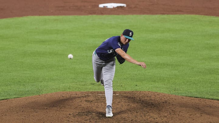 Aug 12, 2025; Baltimore, Maryland, USA; Seattle Mariners pitcher George Kirby (68) pitching against the Baltimore Orioles in the sixth inning at Oriole Park at Camden Yards. Mandatory Credit: Lexi Thompson-Imagn Images