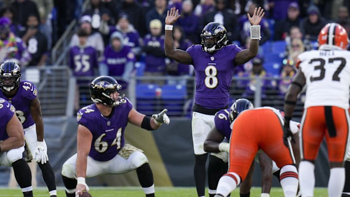 Nov 12, 2023; Baltimore, Maryland, USA;  Baltimore Ravens quarterback Lamar Jackson (8) calls out to teammates before the snap against the Cleveland Browns during the second half at M&T Bank Stadium. Mandatory Credit: Jessica Rapfogel-Imagn Images