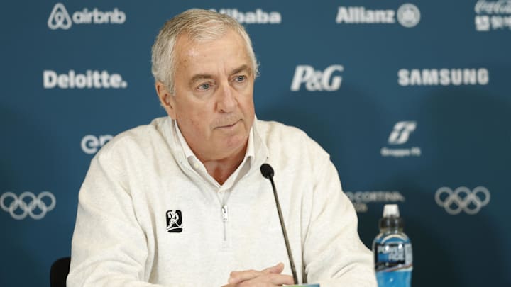 Feb 12, 2026; Milan, Italy; IIHF President Luc Tardif at a men's ice hockey press conference during the Milano Cortina 2026 Olympic Winter Games at Milano Santagiulia Ice Hockey Arena. Mandatory Credit: Geoff Burke-Imagn Images