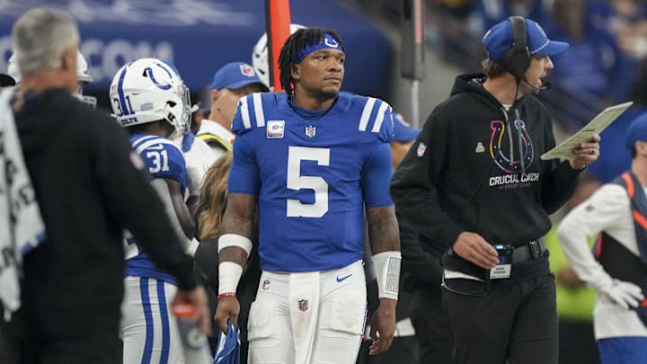 Sep 29, 2024; Indianapolis, Indiana, USA;  Indianapolis Colts quarterback Anthony Richardson (5) walks the sidelines Sunday, Sept. 29, 2024, during a game against the Pittsburgh Steelers at Lucas Oil Stadium. Mandatory Credit: Christine Tannous-USA TODAY Network via Imagn Images