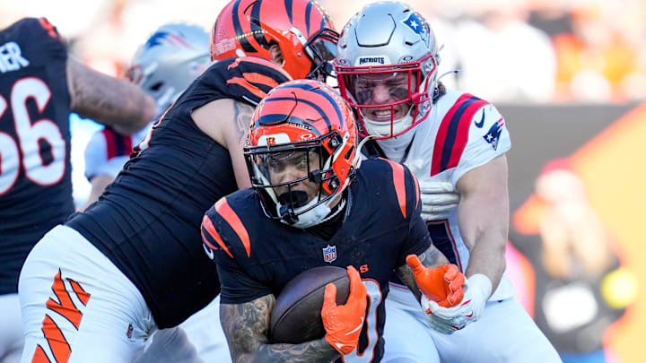 Cincinnati Bengals running back Chase Brown (30) runs the ball in the second quarter of the NFL Week 12 game between the Cincinnati Bengals and the New England Patriots at Paycor Stadium in downtown Cincinnati on Sunday, Nov. 23, 2025.