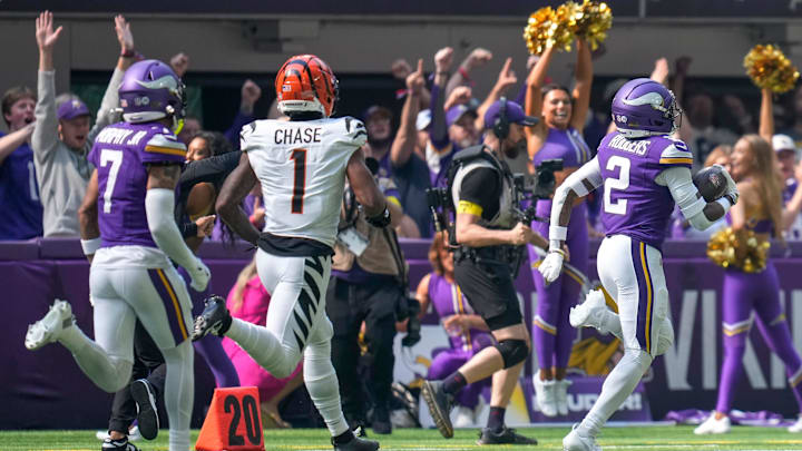 Minnesota Vikings cornerback Isaiah Rodgers (2) runs back an interception for a touchdown in the first quarter of the NFL Week 3 game between the Minnesota Vikings and the Cincinnati Bengals at U.S. Bank Stadium in Minneapolis on Sunday, Sept. 21, 2025. Minnesota Vikings cornerback Isaiah Rodgers (2) runs back an interception for a touchdown in the first quarter of the NFL Week 3 game between the Minnesota Vikings and the Cincinnati Bengals at U.S. Bank Stadium in Minneapolis on Sunday, Sept. 21, 2025.
