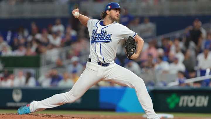 Mar 16, 2026; Miami, FL, United States; Italy pitcher Aaron Nola (27) throw to the plate in the second inning against Venezuela during a semifinal game of the 2026 World Baseball Classic at loanDepot Park. Mandatory Credit: Sam Navarro-Imagn Images