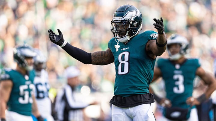 Dec 8, 2024; Philadelphia, Pennsylvania, USA;  Philadelphia Eagles safety C.J. Gardner-Johnson (8) reacts after a play against the Carolina Panthers at Lincoln Financial Field.