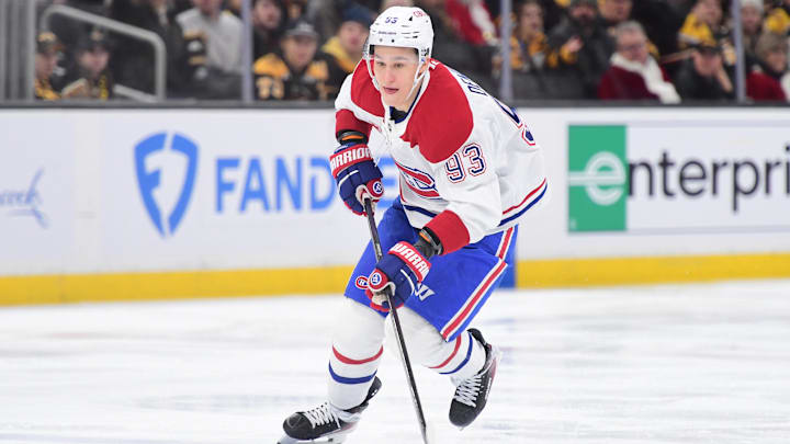 Dec 23, 2025; Boston, Massachusetts, USA;  Montréal Canadiens right wing Ivan Demidov (93) controls the puck over the blue line during the second period against the Boston Bruins at TD Garden. Mandatory Credit: Bob DeChiara-Imagn Images