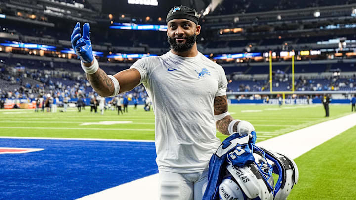 Detroit Lions cornerback Carlton Davis III (23) waves at fans after 24-6 win over Indianapolis Colts during the second half at Lucas Oil Stadium in Indianapolis, Ind. on Sunday, Nov. 24, 2024.
