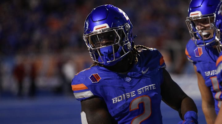 Sep 28, 2024; Boise, Idaho, USA; Boise State Broncos running back Ashton Jeanty (2) after scoring a 64-yard touchdown versus the Washington State Cougars at Albertsons Stadium. Mandatory Credit: Brian Losness-Imagn Images

