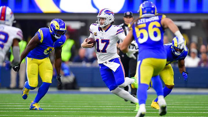 Dec. 8, 2024; Inglewood, California, USA; Buffalo Bills' quarterback Josh Allen (17) runs the ball against the Los Angeles Rams during the second half at SoFi Stadium. Dec. 8, 2024; Inglewood, California, USA; Buffalo Bills' quarterback Josh Allen (17) runs the ball against the Los Angeles Rams during the second half at SoFi Stadium.