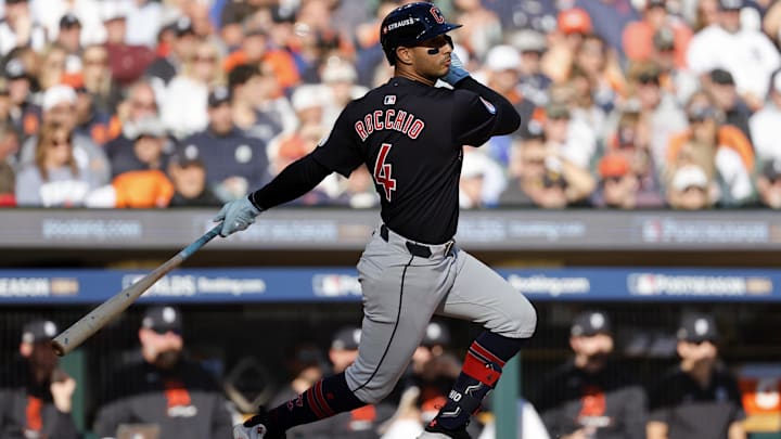 Oct 9, 2024; Detroit, Michigan, USA; Detroit Tigers pitcher Beau Brieske (4) hits a single against the Detroit Tigers during the fifth inning during game three of the ALDS for the 2024 MLB Playoffs at Comerica Park. Mandatory Credit: Rick Osentoski-Imagn Images