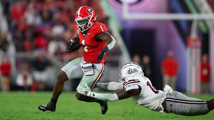 Oct 12, 2024; Athens, Georgia, USA; Georgia Bulldogs running back Trevor Etienne (1) runs the ball against the Mississippi State Bulldogs in the fourth quarter at Sanford Stadium. Mandatory Credit: Brett Davis-Imagn Images
