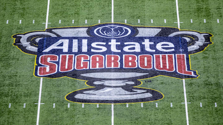 Jan 1, 2026; New Orleans, LA, USA; A detailed view of the Allstate Sugar Bowl logo before the 2025 Sugar Bowl and quarterfinal game of the College Football Playoff between the Georgia Bulldogs and the Mississippi Rebels at Caesars Superdome. Mandatory Credit: Stephen Lew-Imagn Images