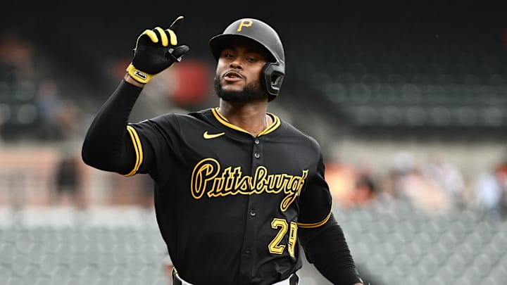 Sep 11, 2025; Baltimore, Maryland, USA; Pittsburgh Pirates outfielder Alexander Canario (29) gestures after hitting a solo home run during the third inning against the Baltimore Orioles at Oriole Park at Camden Yards. Mandatory Credit: James A. Pittman-Imagn Images Sep 11, 2025; Baltimore, Maryland, USA; Pittsburgh Pirates outfielder Alexander Canario (29) gestures after hitting a solo home run during the third inning against the Baltimore Orioles at Oriole Park at Camden Yards. Mandatory Credit: James A. Pittman-Imagn Images