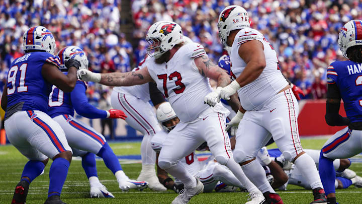 Sep 8, 2024; Orchard Park, New York, USA; Arizona Cardinals offensive tackle Jonah Williams (73) looks to block Buffalo Bills defensive tackle Ed Oliver (91) during the first half at Highmark Stadium. Mandatory Credit: Gregory Fisher-Imagn Images