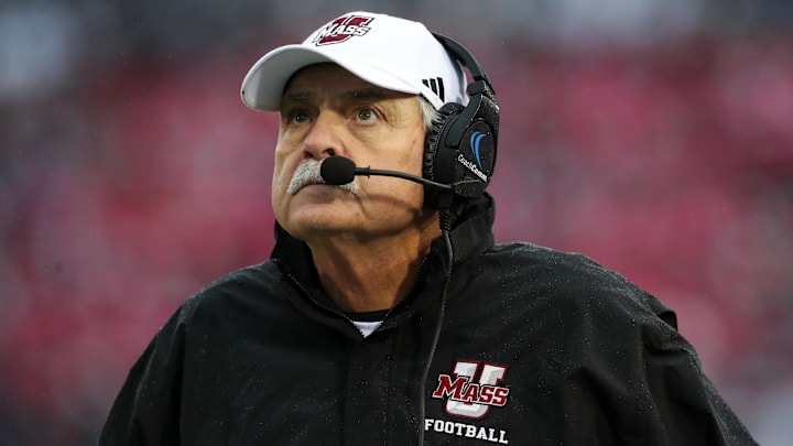 Oct 14, 2023; University Park, Pennsylvania, USA; Massachusetts Minutemen head coach Don Brown looks on from the sideline during the first quarter against the Penn State Nittany Lions at Beaver Stadium. Penn State defeated Massachusetts 63-0. Mandatory Credit: Matthew O'Haren-Imagn Images Oct 14, 2023; University Park, Pennsylvania, USA; Massachusetts Minutemen head coach Don Brown looks on from the sideline during the first quarter against the Penn State Nittany Lions at Beaver Stadium. Penn State defeated Massachusetts 63-0. Mandatory Credit: Matthew O'Haren-Imagn Images
