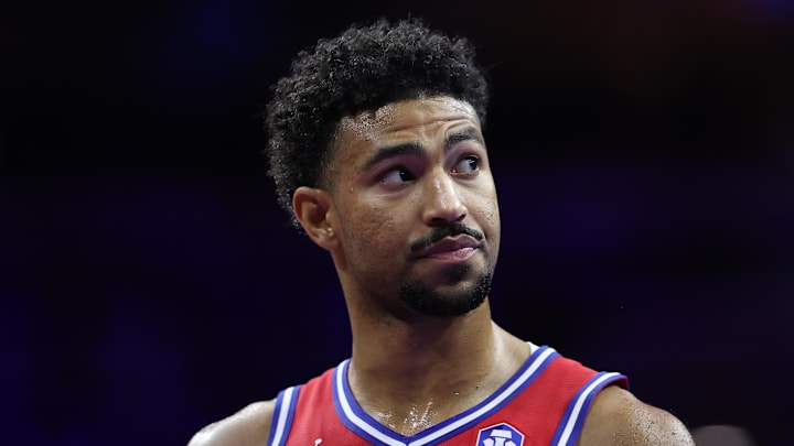 Nov 25, 2025; Philadelphia, Pennsylvania, USA; Philadelphia 76ers guard Quentin Grimes (5) looks on during the third quarter against the Orlando Magic at Xfinity Mobile Arena. Mandatory Credit: Bill Streicher-Imagn Images