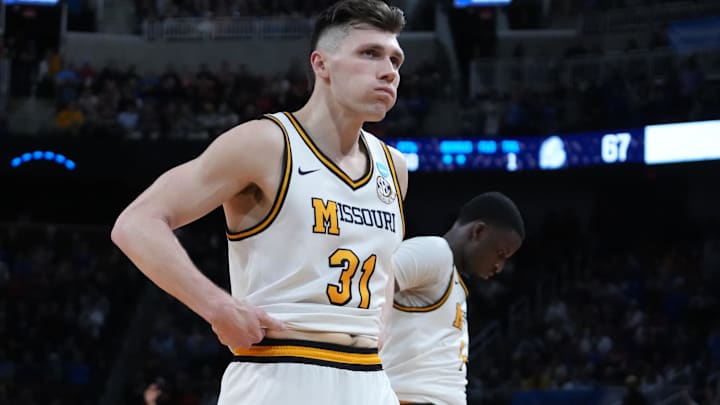 Mar 20, 2025; Wichita, KS, USA; Missouri Tigers guard Caleb Grill (31) reacts after losing to the Drake Bulldogs in a first round men’s NCAA Tournament game at Intrust Bank Arena. Mandatory Credit: Kirby Lee-Imagn Images