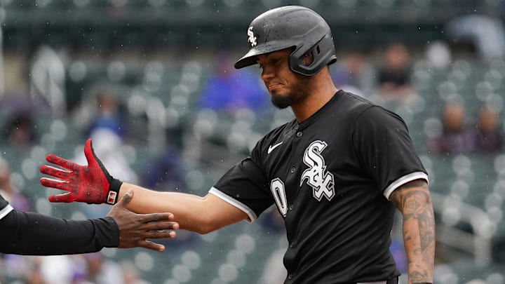 Chicago White Sox second baseman Lenyn Sosa (50) celebrates a single against the New York Mets at Citi Field. Chicago White Sox second baseman Lenyn Sosa (50) celebrates a single against the New York Mets at Citi Field.