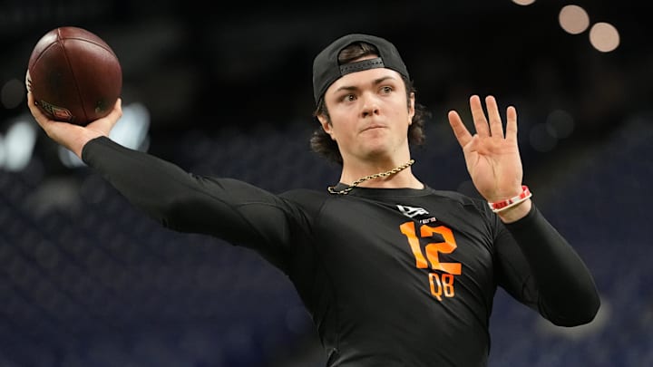 Feb 28, 2026; Indianapolis, IN, USA; Texas Tech quarterback Behren Morton (QB12) during the NFL Scouting Combine at Lucas Oil Stadium. Mandatory Credit: Kirby Lee-Imagn Images