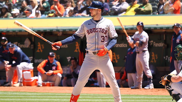 May 25, 2024; Oakland, California, USA; Houston Astros right fielder Kyle Tucker (30) at bat before hitting a sacrifice fly to send in a run Oakland Athletics during the sixth inning at Oakland-Alameda County Coliseum.