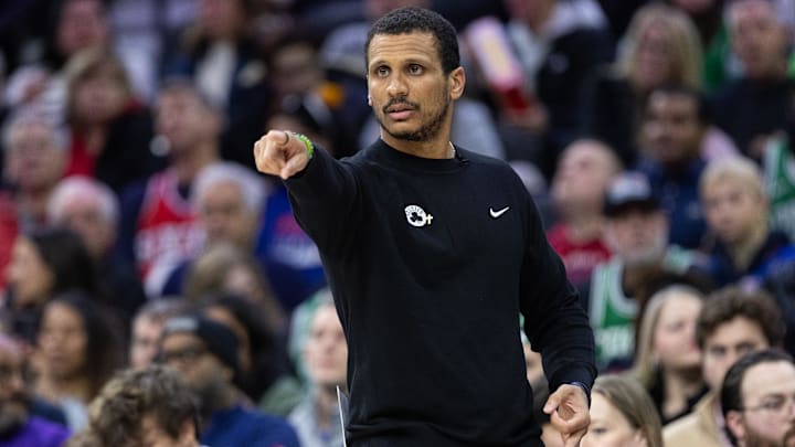 Feb 20, 2025; Philadelphia, Pennsylvania, USA; Boston Celtics head coach Joe Mazzulla reacts during the second quarter against the Philadelphia 76ers at Wells Fargo Center. Mandatory Credit: Bill Streicher-Imagn Images