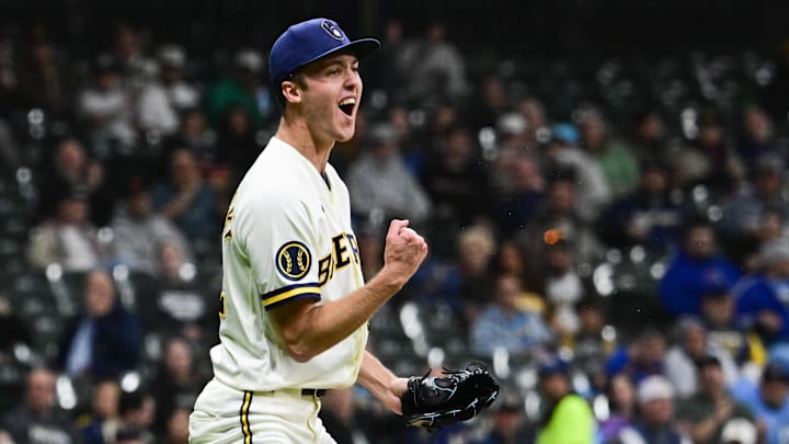 May 13, 2026; Milwaukee, Wisconsin, USA; Milwaukee Brewers starting pitcher Jacob Misiorowski (32) reacts after retiring the side in the seventh inning against the San Diego Padres at American Family Field. Mandatory Credit: Benny Sieu-Imagn Images