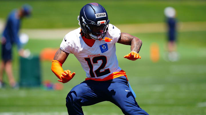 May 10, 2025; Englewood, CO, USA; Denver Broncos cornerback Jahdae Barron (12) during rookie minicamp at Broncos Park Powered by CommonSpirit. Mandatory Credit: Ron Chenoy-Imagn Images