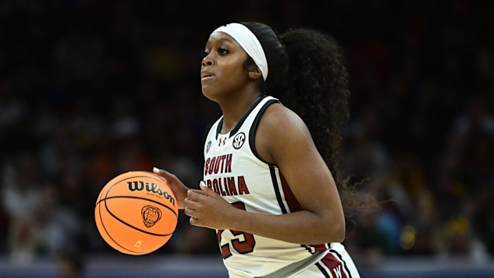 Apr 5, 2024; Cleveland, OH, USA; South Carolina Gamecocks guard Raven Johnson (25) dribbles the ball.