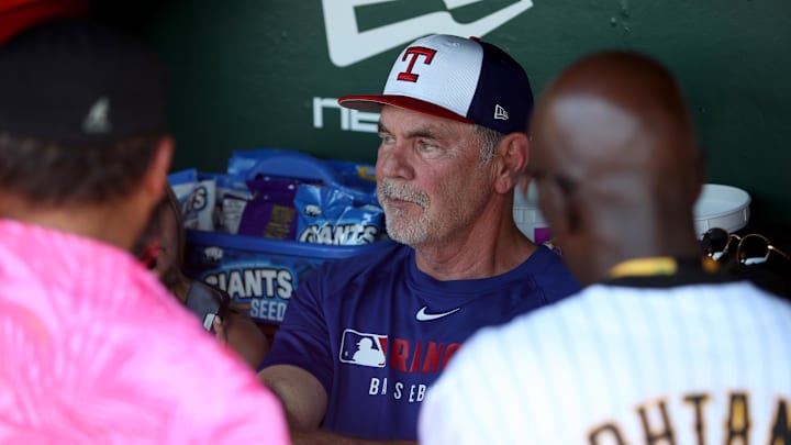 Texas Rangers manager Bruce Bochy (15) speaks to the media before the game against the Athletics at Sutter Health Park. Texas Rangers manager Bruce Bochy (15) speaks to the media before the game against the Athletics at Sutter Health Park.