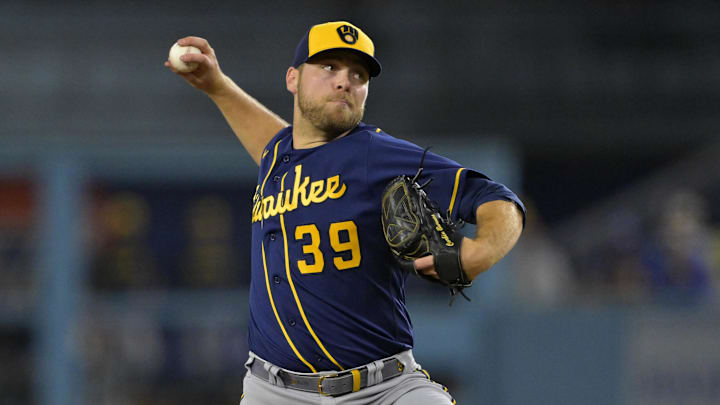 Aug 17, 2023; Los Angeles, California, USA;  Milwaukee Brewers starting pitcher Corbin Burnes (39)
