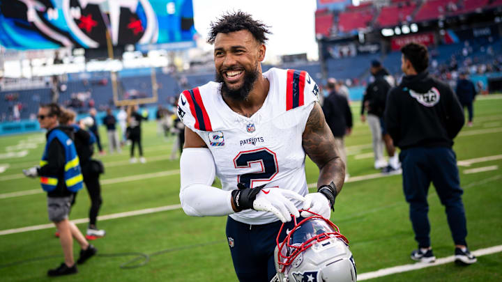New England Patriots linebacker Harold Landry III exits the field after defeating the Tennessee Titans at Nissan Stadium in Nashville, Tenn., Sunday, Oct. 19, 2025.
