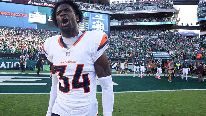 Oct 5, 2025; Philadelphia, Pennsylvania, USA; Denver Broncos safety JL Skinner (34) reacts after a defensive stop the end the game with a win against the Philadelphia Eagles at Lincoln Financial Field. Mandatory Credit: Bill Streicher-Imagn Images