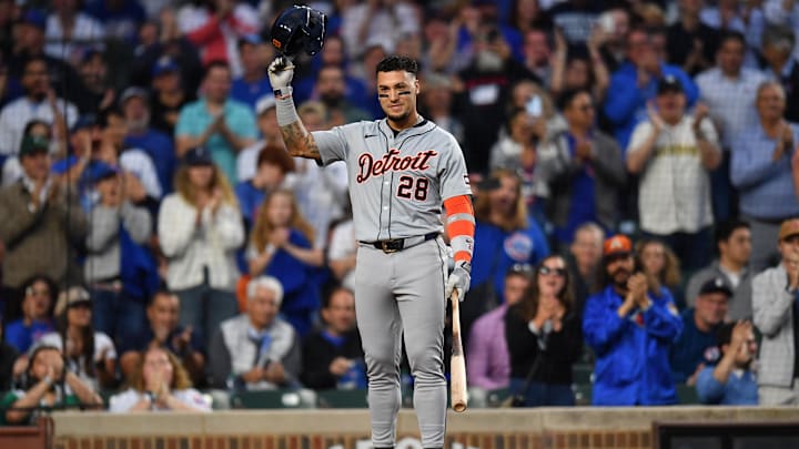 Aug 20, 2024; Chicago, Illinois, USA; Detroit Tigers shortstop Javier Baez (28) reacts to his standing ovation for his first game back at Wrigley Field during the second inning in a game against the Chicago Cubs. 