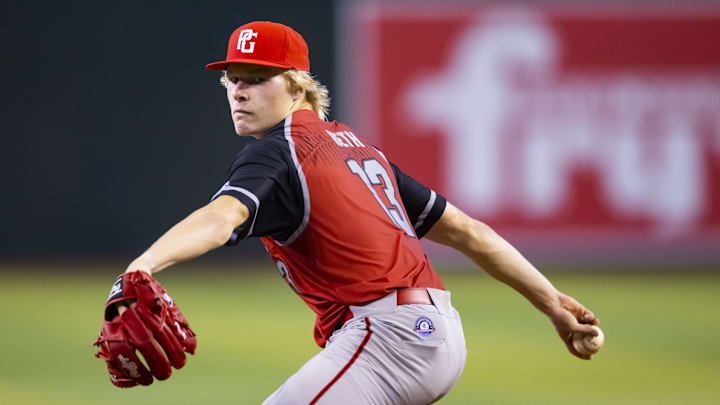Aug 28, 2022; Phoenix, Arizona, US; West pitcher Zander Mueth (13) during the Perfect Game All-American Classic high school baseball game at Chase Field. Mandatory Credit: Mark J. Rebilas-Imagn Images