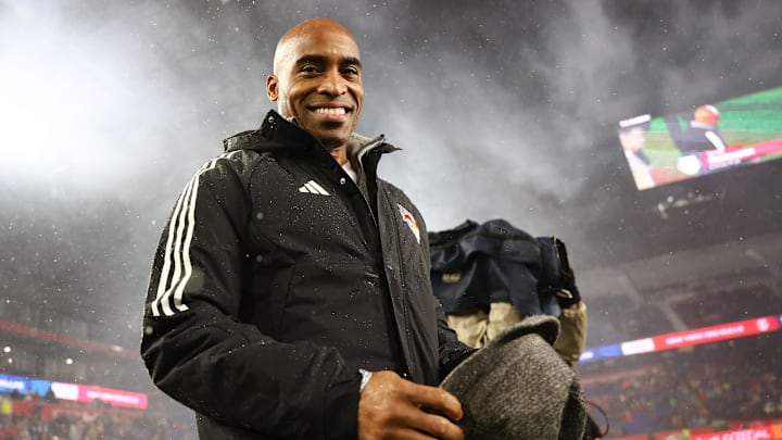 Mar 9, 2024; Harrison, New Jersey, USA; New York Giants former running back Tiki Barber walks out for the coin flip before the match between the New York Red Bulls and FC Dallas at Red Bull Arena. Mar 9, 2024; Harrison, New Jersey, USA; New York Giants former running back Tiki Barber walks out for the coin flip before the match between the New York Red Bulls and FC Dallas at Red Bull Arena.