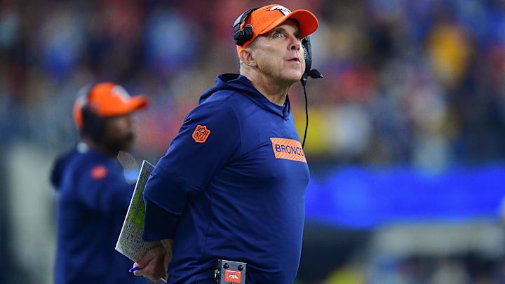 Dec 19, 2024; Inglewood, California, USA; Denver Broncos head coach Sean Payton watches game action against the Los Angeles Chargers during the second half at SoFi Stadium.