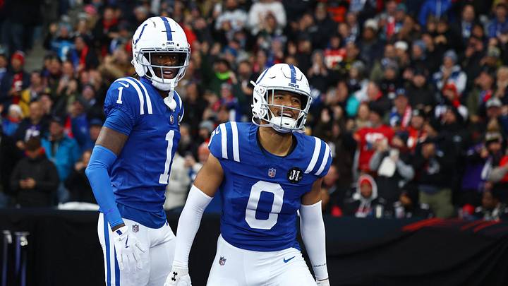 [US, Mexico & Canada customers only] Nov 9, 2025; Berlin, GERMANY; Indianapolis Colts cornerback Sauce Gardner (1) and Indianapolis Colts safety Cam Bynum (0) react against the Atlanta Falcons during the Berlin Game at Olympic Stadium. Mandatory Credit: Lisi Niesner/Reuters via Imagn Images